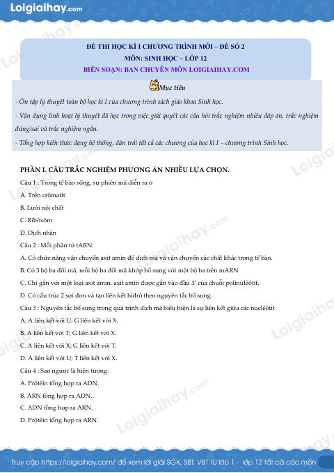 Đề thi học kì 1 Sinh 12 Kết nối tri thức - Đề số 2